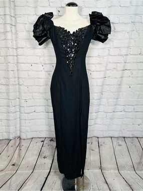 Vintage 80s Zum Zum Black Sequin Prom Dress Ruffle Sleeves Maxi Column S/M